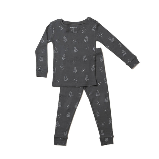 Stars and Rockets Charcoal Gray Two Piece Long Sleeve Pajamas Photo 1